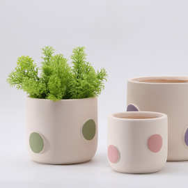 奶油风可爱手工彩绘白陶土花盆浮雕波点素烧陶瓷吸水盆栽种植专用