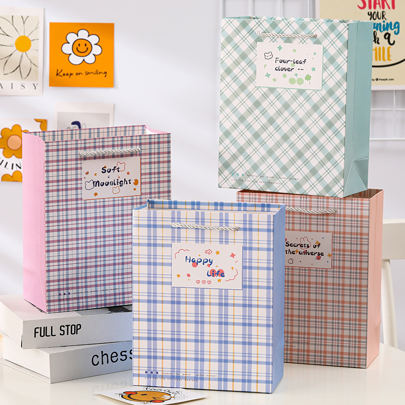 清新簡約格子白卡禮品袋 商場服裝購物手提袋 生日禮物包裝紙袋子