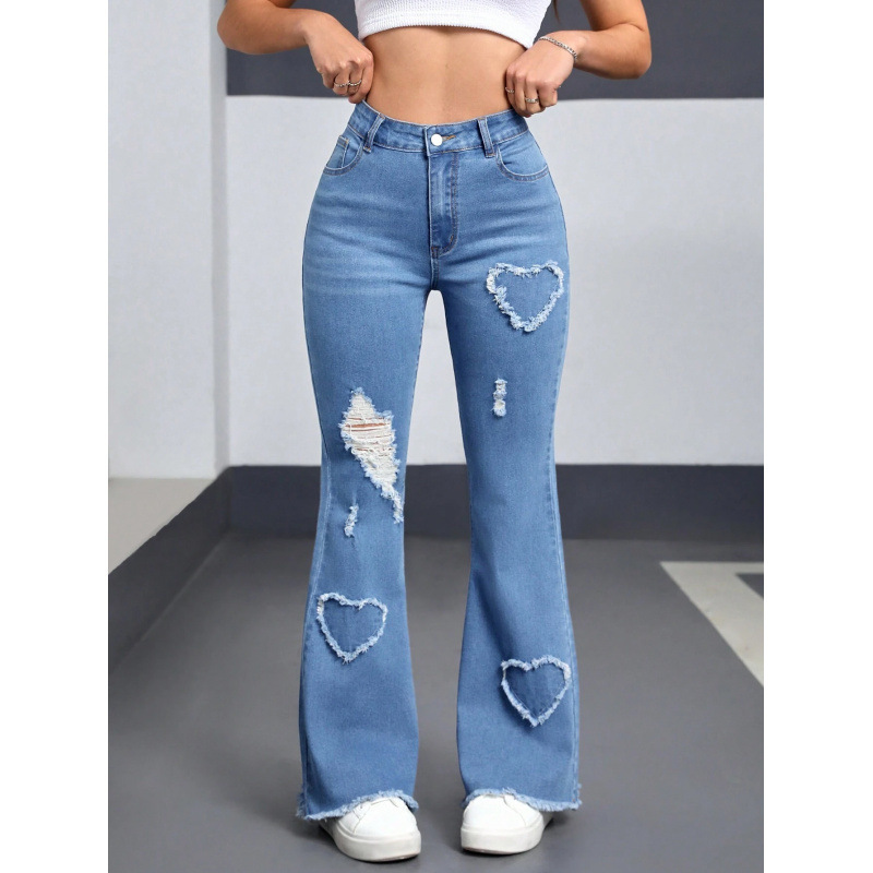 Cross-Border European and American Women's Fashion Elastic Heart-Shaped Pattern Ripped Flared Pants Original Cut Fashion Casual Flared Jeans