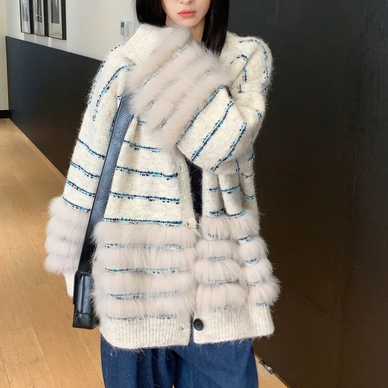 秋冬高级感仿狐狸毛亮丝条纹韩系中长宽松显瘦毛衣慵懒风外套女|undefined