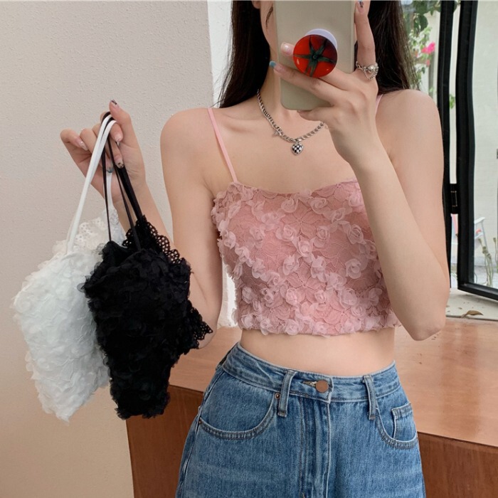 Explosive Lace Rose Floral Sling Short Beautiful Strap Chest Pad Wrapping Chest Anti-running Outer Wear Backing Hot Girl Tube Top
