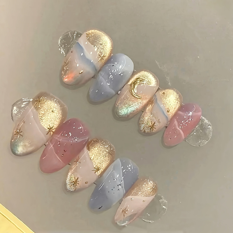 30 Pieces of Cross-Border 3D Three-Dimensional Gold-Plated Cat-Eye Almond-Shaped Dopamine French Style High-End Nail Tips Wholesale
