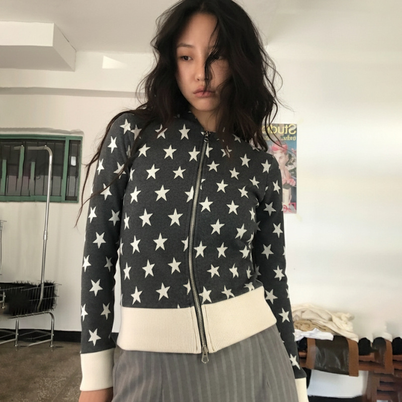 复古千禧辣妹风星星印花连帽拉链卫衣简约休闲撞色街头百搭外套女|undefined
