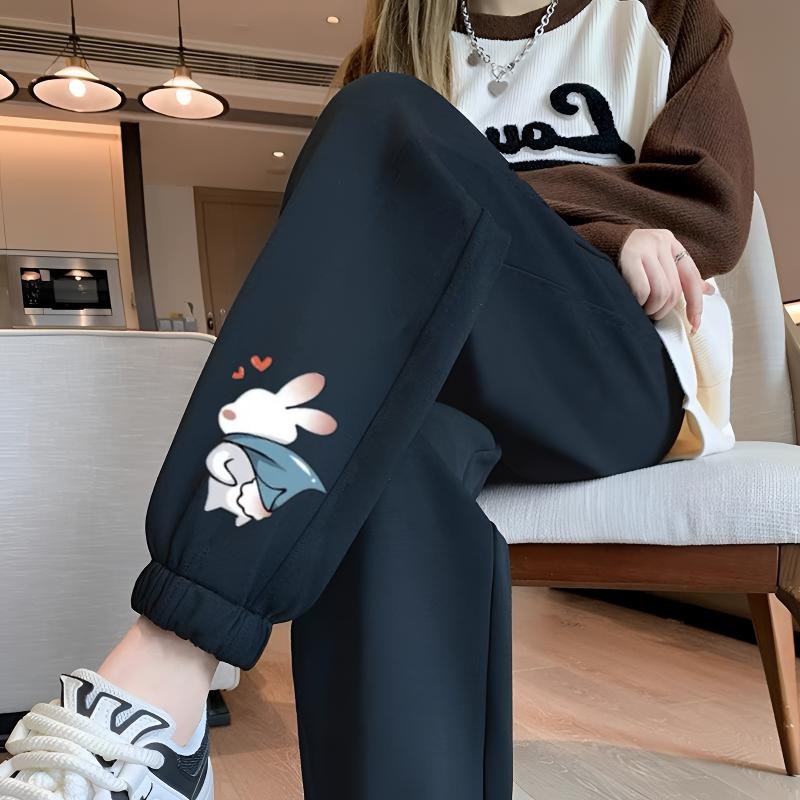 뒷면 토끼 레깅스가 달린 얇은 검정색 바지