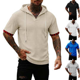 男士短袖T恤2024夏季新款美式休闲连帽卫衣纯色运动t恤宽松潮速干