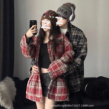 人气 2025 美式复古磨毛加厚格子衬衫女设计感小众长袖衬衣外套 i