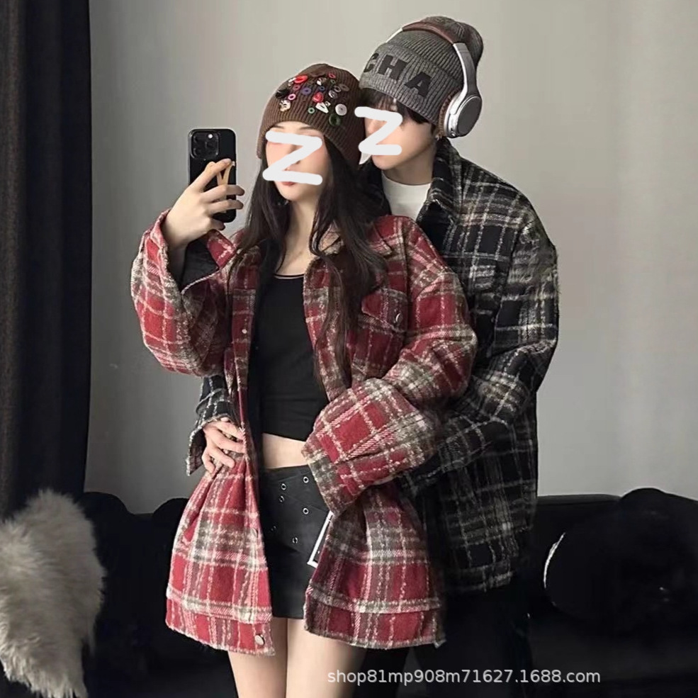 人气 2025 美式复古磨毛加厚格子衬衫女设计感小众长袖衬衣外套 i