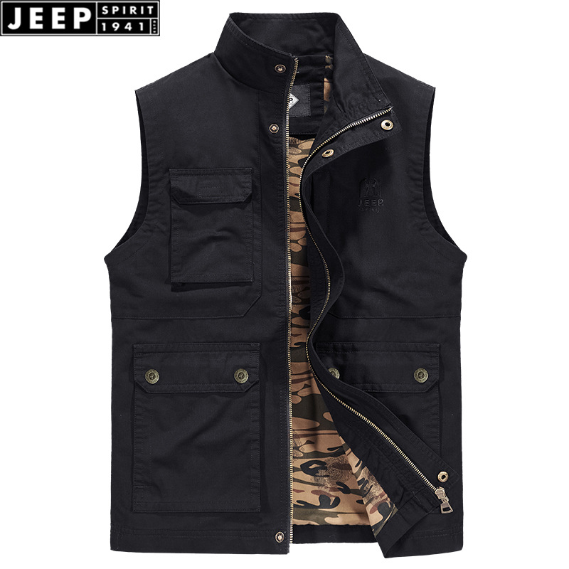 JEEP SPIRIT Men's Cotton Vest for Spring and Autumn, Multi-Pocket Loose Fit Plus Size, Trendy Mid-Age Vanity