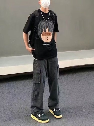 Men's American Workwear Straight Leg Loose Wide Leg Pants for Spring and Autumn, Japanese Retro Fashion Brand Belted Casual Long Pants