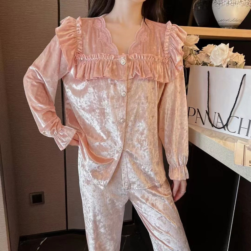Spring and Autumn women's pajamas winter online popular gold velvet light luxury style lace gold diamond velvet home wear Spring and Autumn women's pajamas winter online popular gold velvet light luxury style lace gold diamond velvet home wear