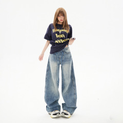 アメリカンレトロワイドレッグジーンズ女性秋ハイウエストストレート梨型ボディルーズシルエット鎌パンツスモールパンツ