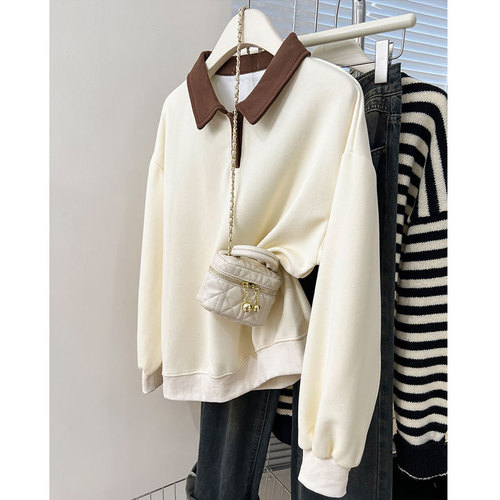 American Retro Color-block Polo Neck Sweatshirt for Women 2025 Spring and Autumn Design Focused Minority Loose Long Sleeve Top Trendy