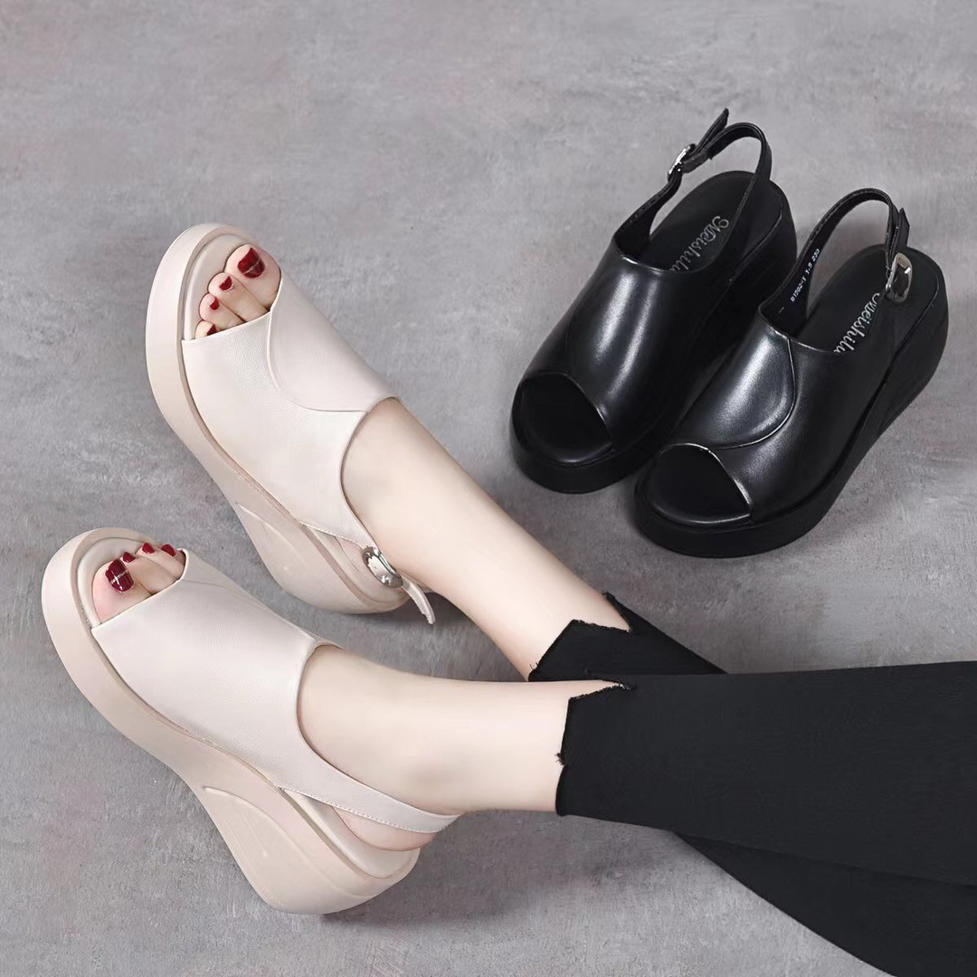 Sandal nữ đế xuồng da thật, đế mềm, quai đơn, hở mũi, gót cao 9 cm — Màu đen