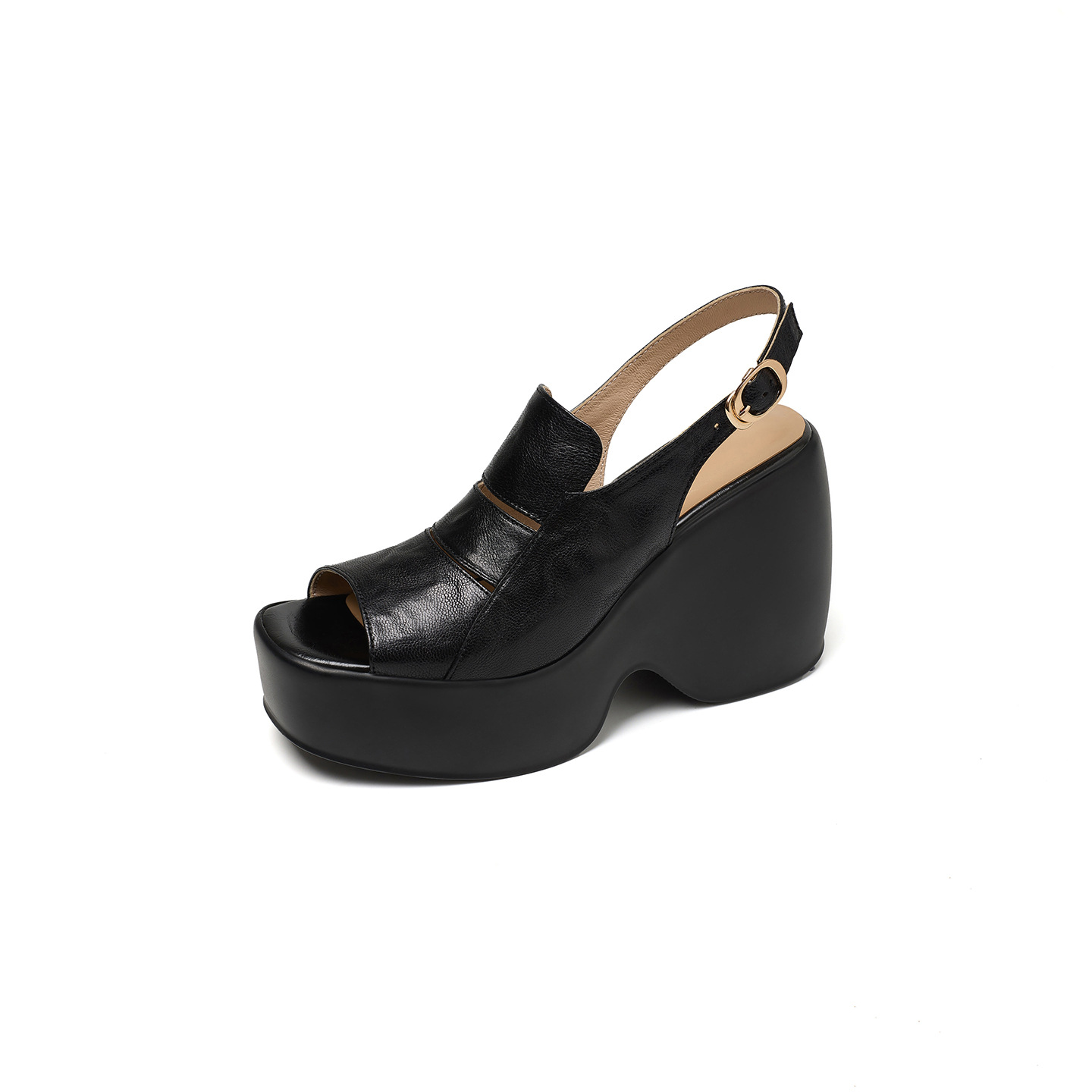 Sandal cao gót nữ đế xuồng mũi hở da cừu — màu đen, màu trắng ngà