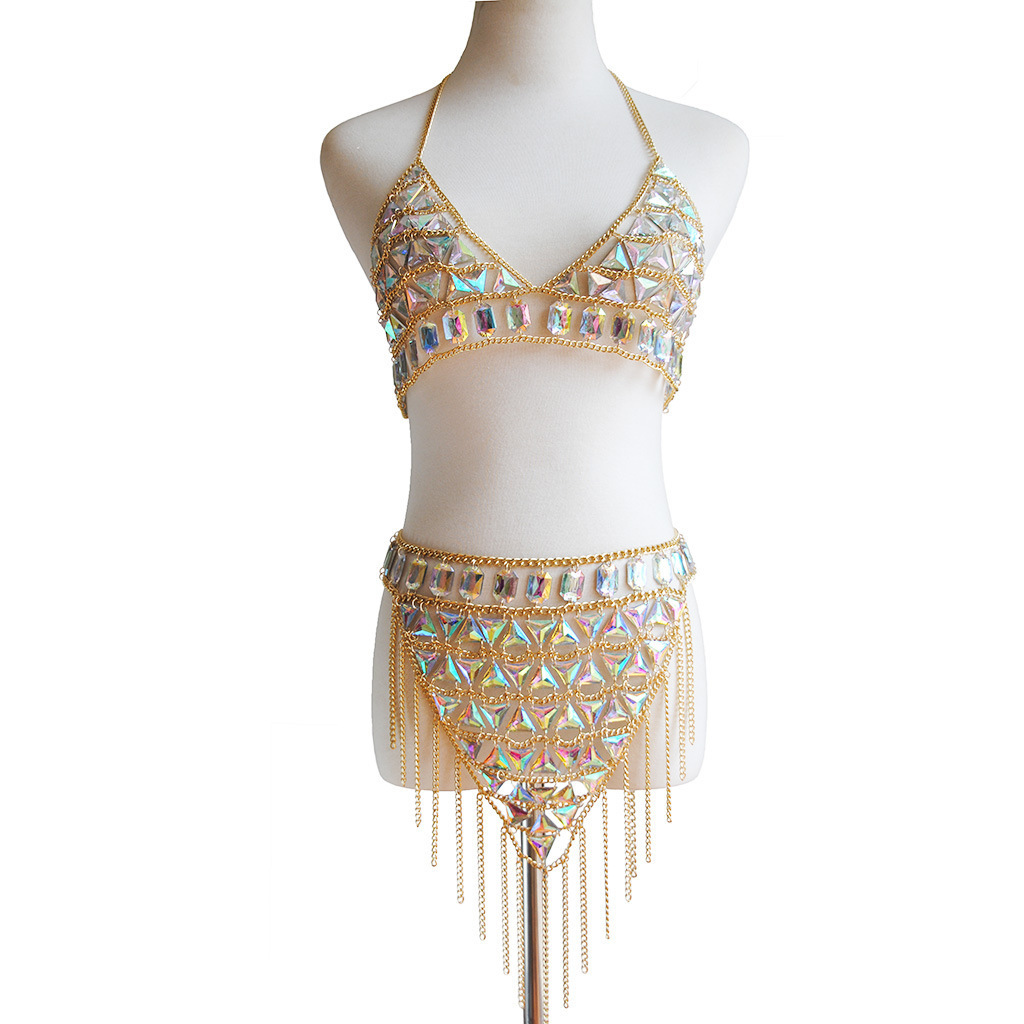 Cadena de Cuerpo Multicapa con Borlas Brillantes para Discoteca, Estilo Europeo y Americano, Joyería para el Pecho, Cadena de Cintura Sexy para Bikini de Playa
