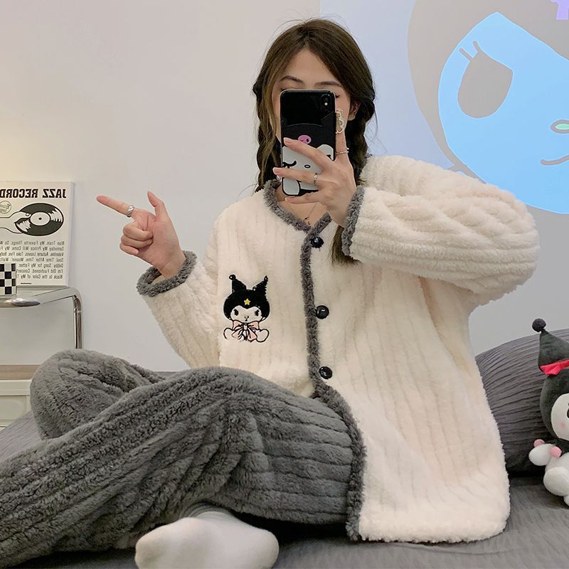 Pijamas de lana de coral para las mujeres Otoño e Invierno forrado de lana engrosada estilo Chanel simple Plaid traje de desgaste para el hogar se puede usar fuera ins