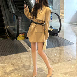 西装女 秋季新款都市女郎战袍个性挡风收腰长袖外套卡其色西服