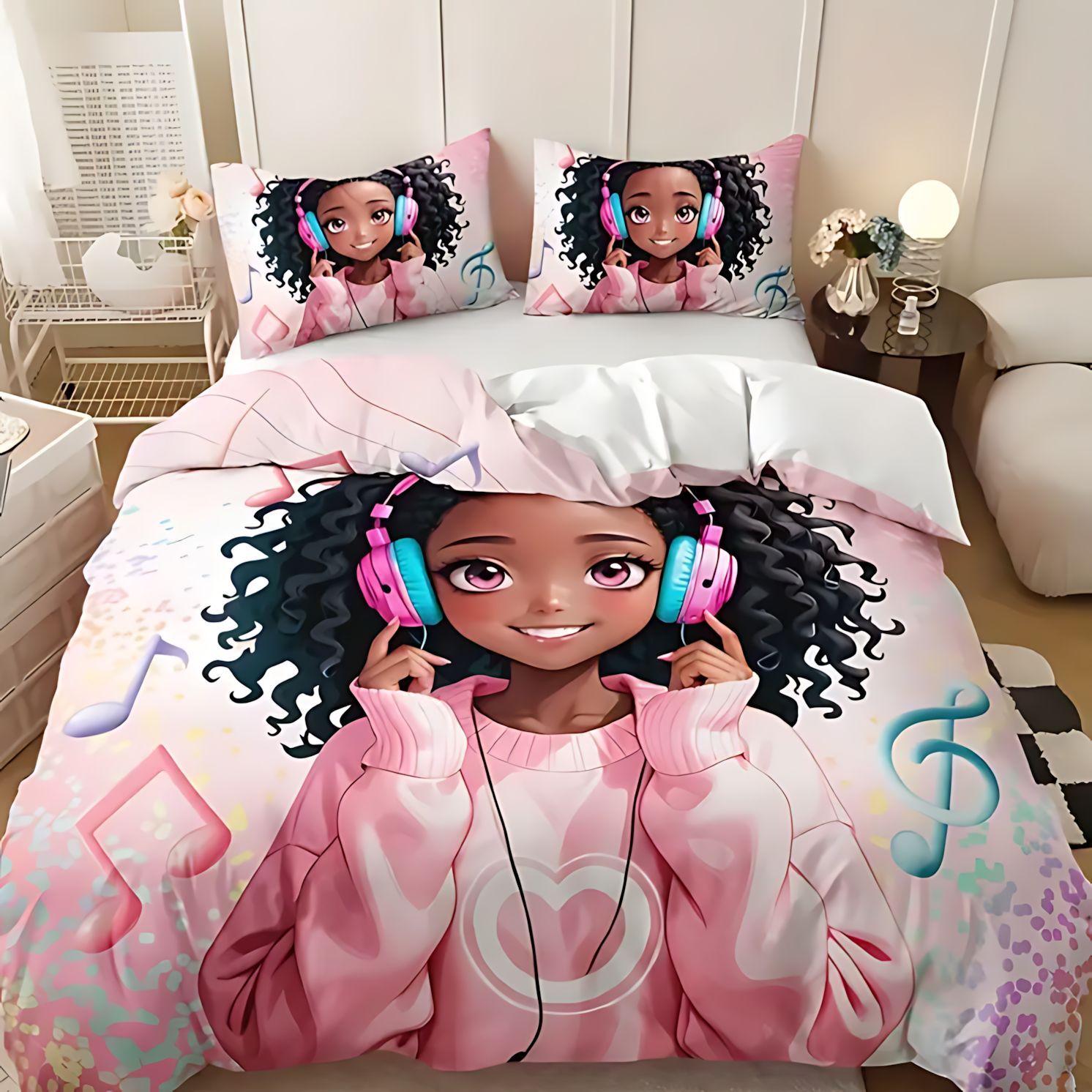 TEMU / JIT juguetón modelo de niña de piel negra impresión digital HD suave y cómodo conjunto de edredón