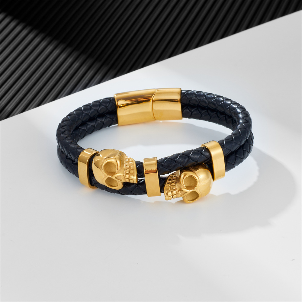 Street Occasion Hip-Hop Geometric Stainless Steel Pu Leather Plating Men's Bracelets Men Cord & Leather Bracelets