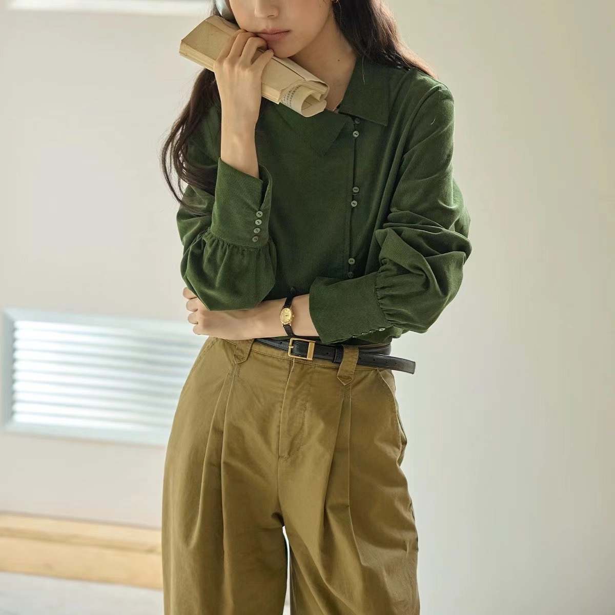 【New Product Limited Time Offer 10% off】French Retro Corduroy Design Irregular Shirt for Women in Autumn