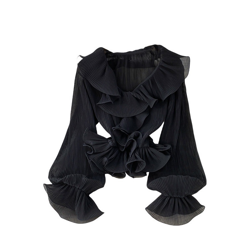 Camicetta da donna con scollo a V e volant, design di tendenza, top leggero e lussuoso con pieghe, ideale per la primavera e l'autunno, perfetto per le vacanze._voghion.com