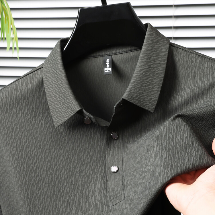 Light Luxury Classy Middle-Aged Men's Polo Dark Pattern Embossed Ice Silk Short-Sleeved Shirt Classy Spring & Fall Sleeves Pure Color Dropshipping