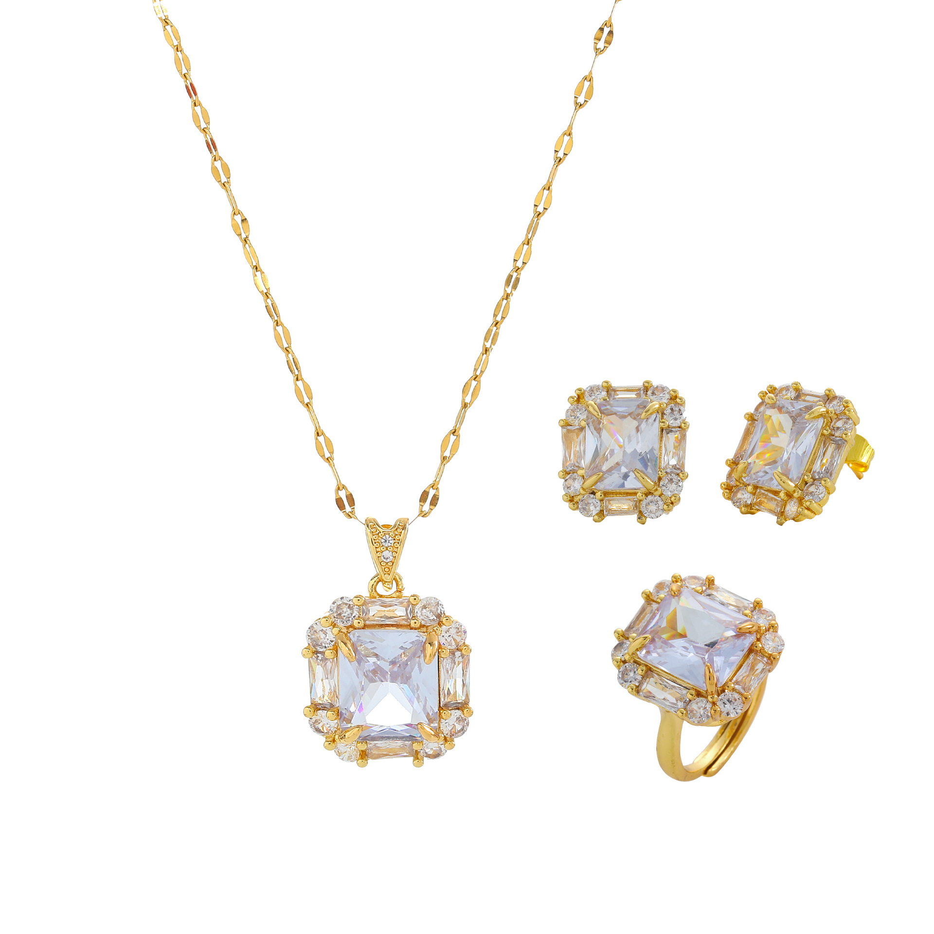 Ensemble de bijoux carrés sertis de diamants, ensemble de collier, boucles d'oreilles et bague de mariée de style palais rétro_voghion.com