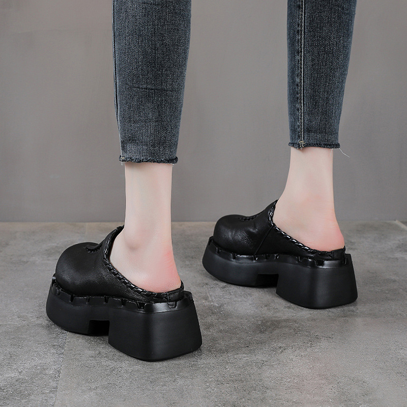 Giày mule nữ da bò thật đế dày mũi kín phong cách mới mùa xuân hè — màu đen