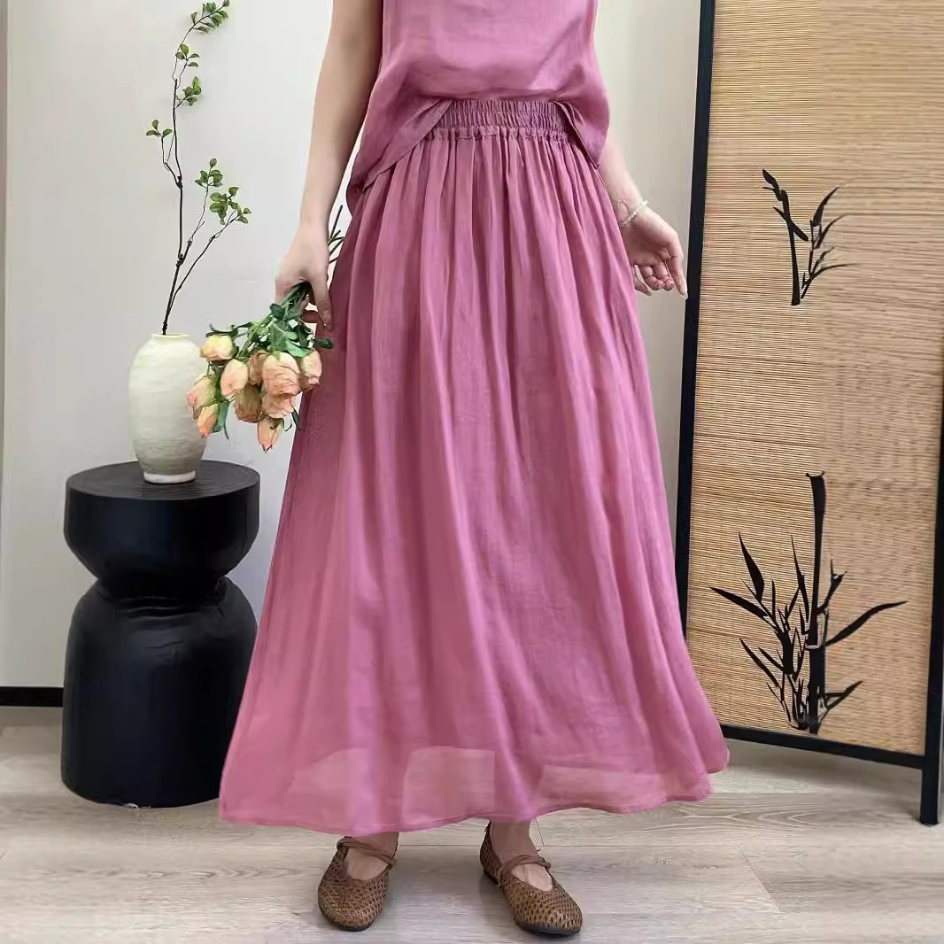 Artistic Pleated Ramie Skirt Women's 2024 New Style Long Dress Loose Solid Color Loose Casual Simple Large Swing Skirt
