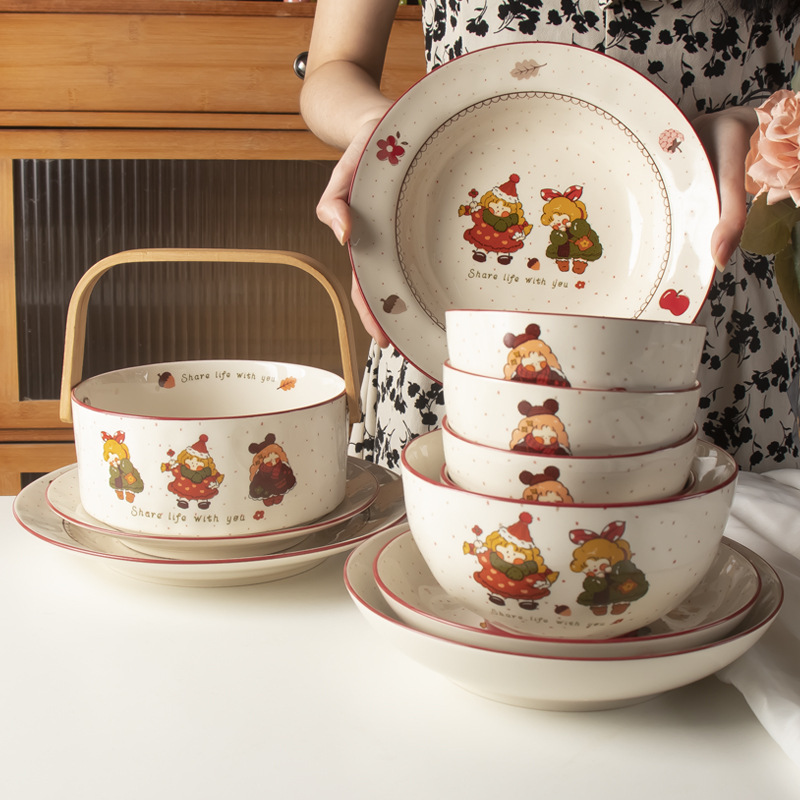 Cute Cartoon Ceramic Bowl Household Ceramic Polka Dot Danish Girl's Rice Bowl High-Value Dishes and Dish suit Dinner Plate