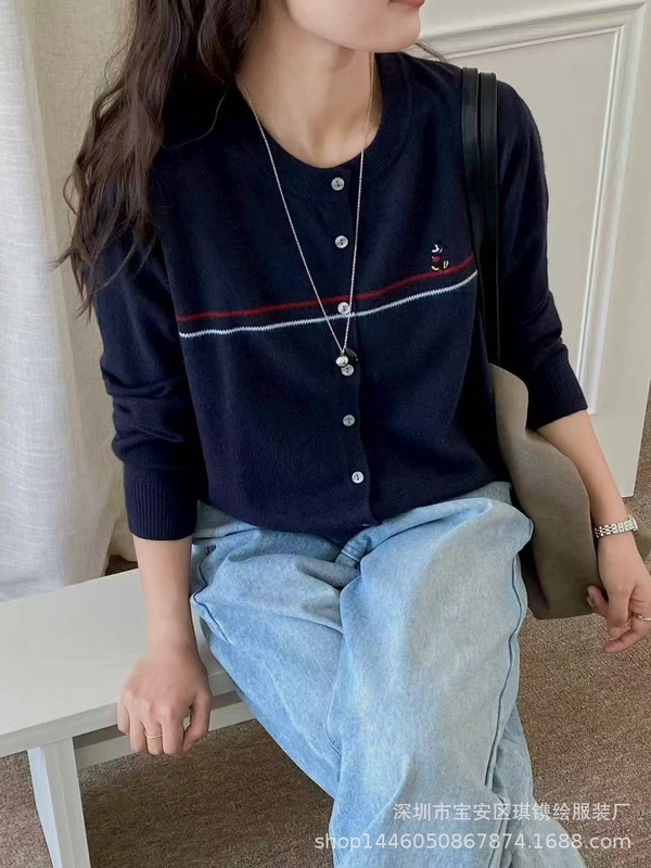 琪镌绘制条纹圆领针织开衫女秋季新款日韩宽松休闲风长袖外套w75|undefined