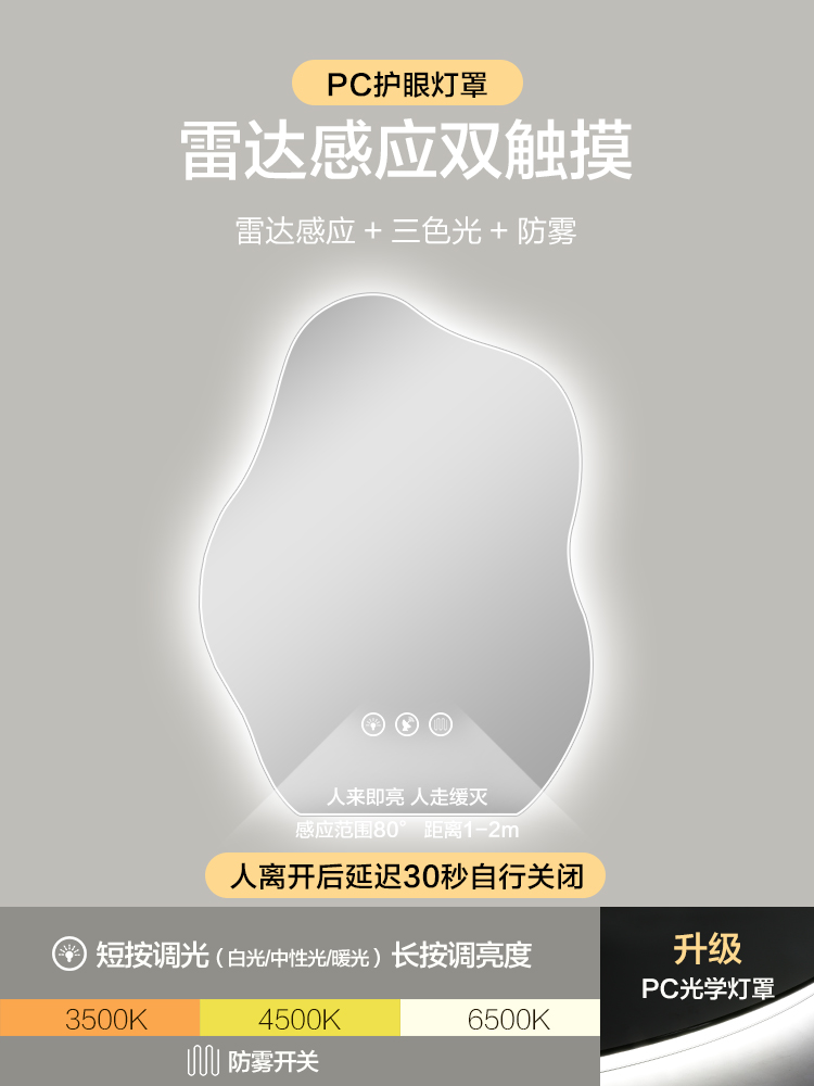 Espejo inteligente de baño con forma especial BOLEN, estilo ins, con luz LED, pantalla táctil, espejo francés de pared.