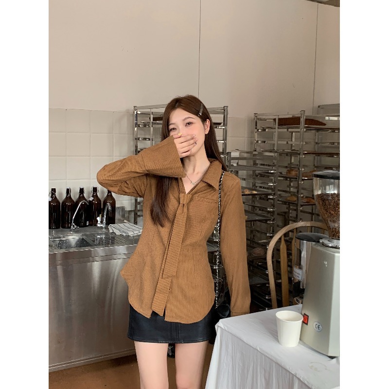 春装新款美拉德翻领中长款衬衣大码胖mm小众设计感条纹衬衫上衣女|undefined