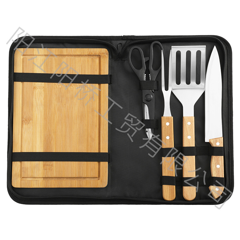 Spot fabricante de herramientas de barbacoa de acero inoxidable juego de pinzas de pala de mango de madera para barbacoa al aire libre juego completo