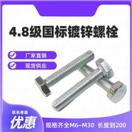 外六角螺丝4.8级螺栓GB30全牙半牙厂家现货批发镀锌全螺纹