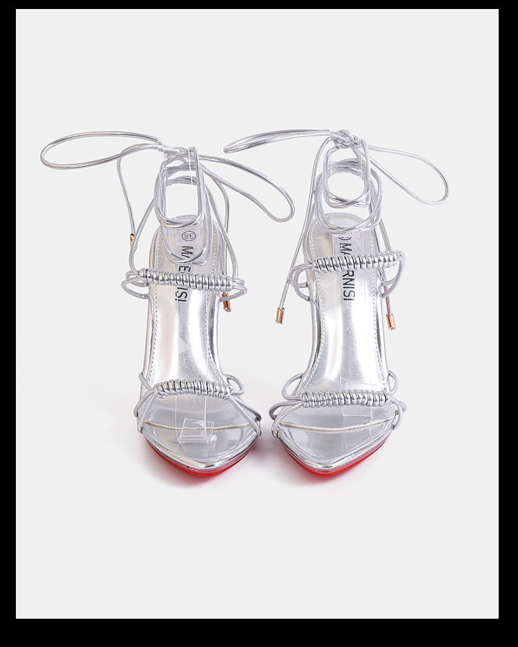 Sandal cao gót mảnh quai dây hở mũi đế đỏ phong cách Âu Mỹ — Màu be, Màu bạc, Màu trắng, Màu tím chi tiết 15