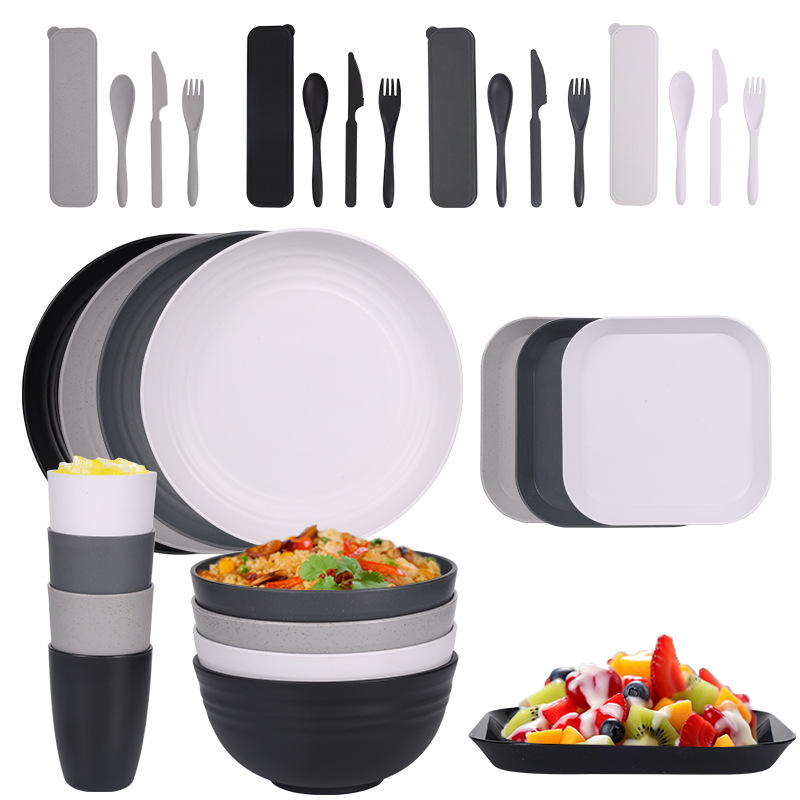 Cross-Border Wheat Straw Plate, Bowl, Cup, Saucer, Fruit Knife, Fork, Spoon, Cutting Board, Cutlery Set, Outdoor Camping Portable Tableware