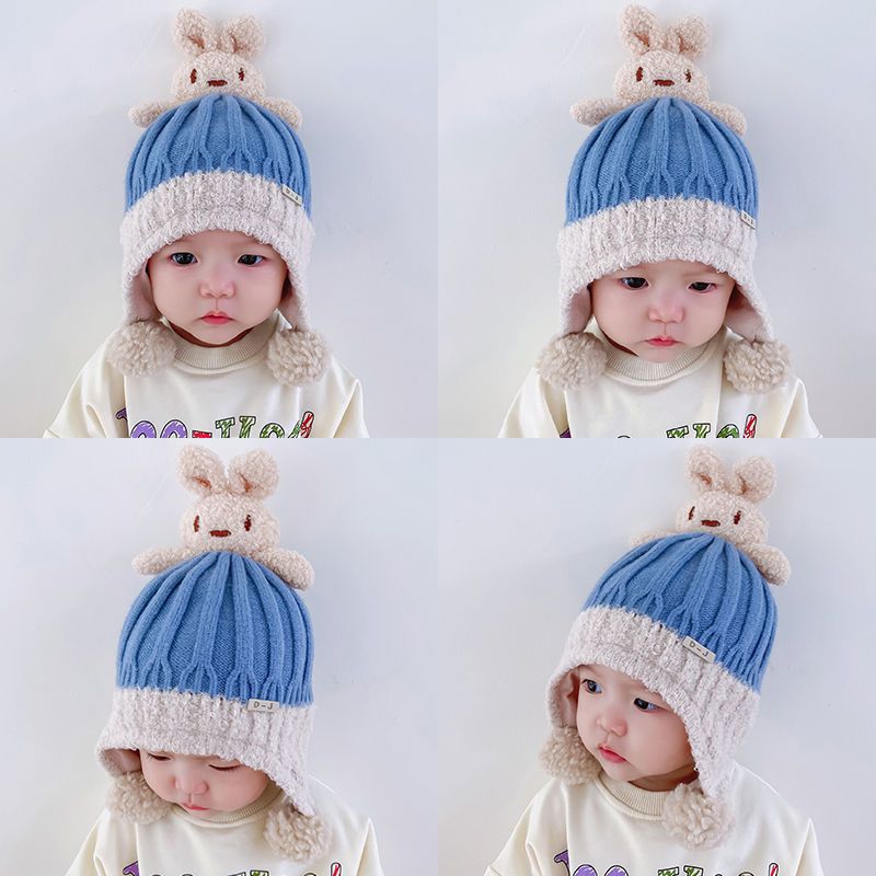 婴儿帽子秋冬季男女宝宝可爱兔子护耳帽针织毛线保暖帽冬天防风帽