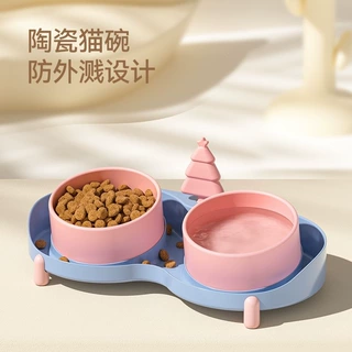 猫碗陶瓷向日葵双碗防黑下巴专用碗宠物狗狗喝水碗斜口保护颈椎