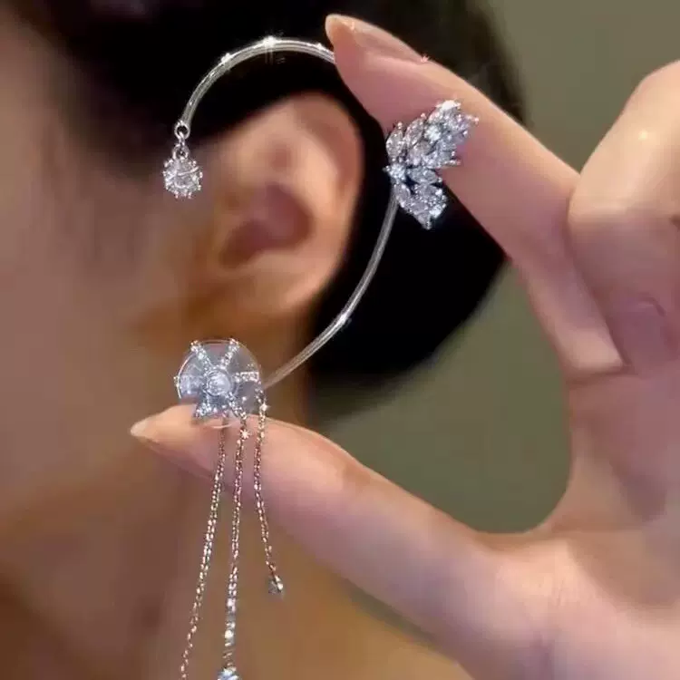 旋转花朵镶钻蝴蝶流苏耳挂 无耳洞轻奢高级感耳骨夹仙气耳夹耳饰