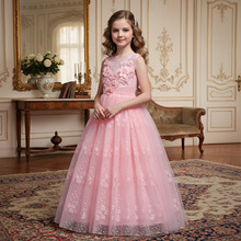 欧美外贸公主连衣裙蕾丝刺绣礼服裙立体花朵裙小主持人表演服