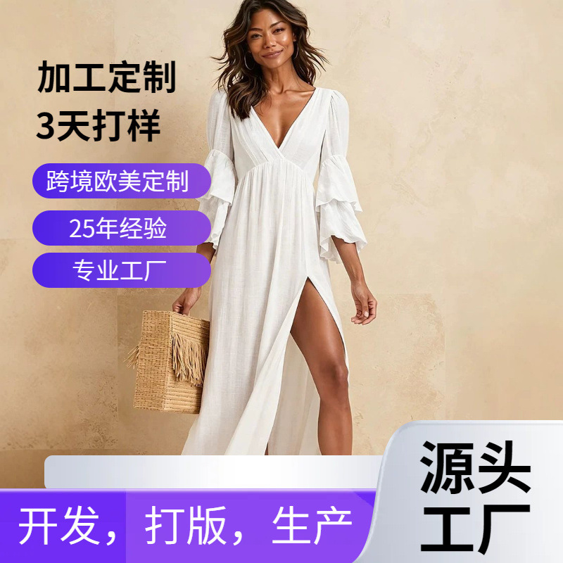 European and American cross-border women's clothing V-neck double-layer bell-sleeve long slit vacation-style beach dress solid color midi dress European and American cross-border women's clothing V-neck double-layer bell-sleeve long slit vacation-style beach dress solid color midi dress