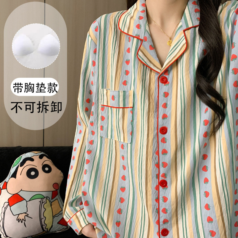 Large Size Pajamas with Breast Pads for Women Spring and Autumn Long-Sleeved Sweet Girl Strawberry Striped Home Clothes Set Ready for Cross-Border