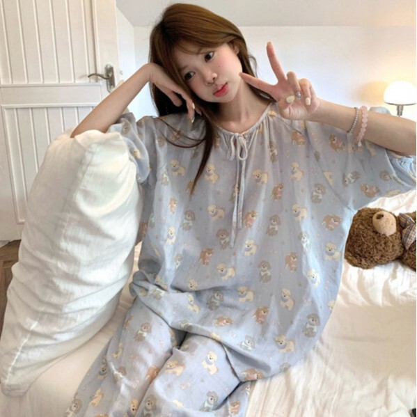韩国ins女士春秋新品韩版奶蓝狗狗简约慵懒卡通家居服睡衣套装女|undefined
