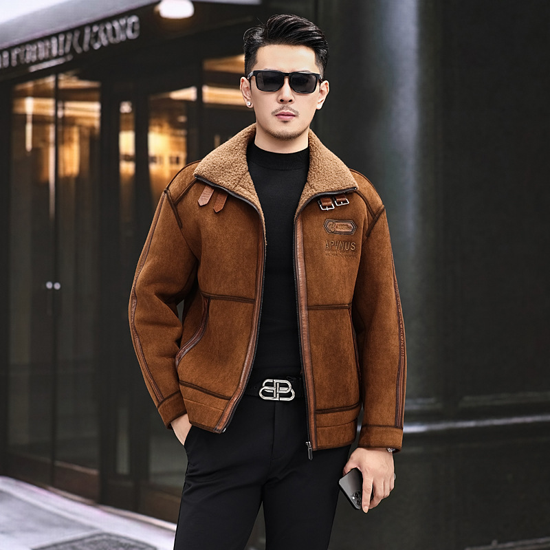 Suede Men's Thickened Wool and Leather Integrated Leather Jacket, Workwear Functional Leather Jacket, Fashionable Trendy Leather Coat