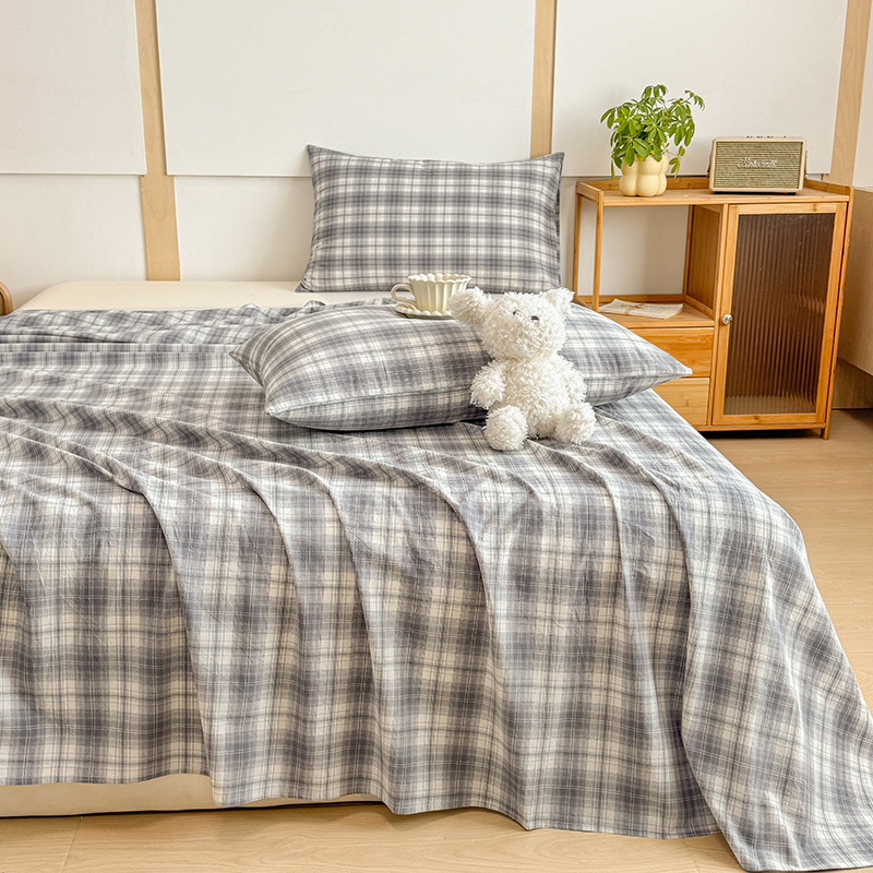 Sábana de algodón lavado de algodón de una sola pieza de algodón 100 dormitorio de estudiantes edredón de celosía individual funda de almohada de tres piezas 3