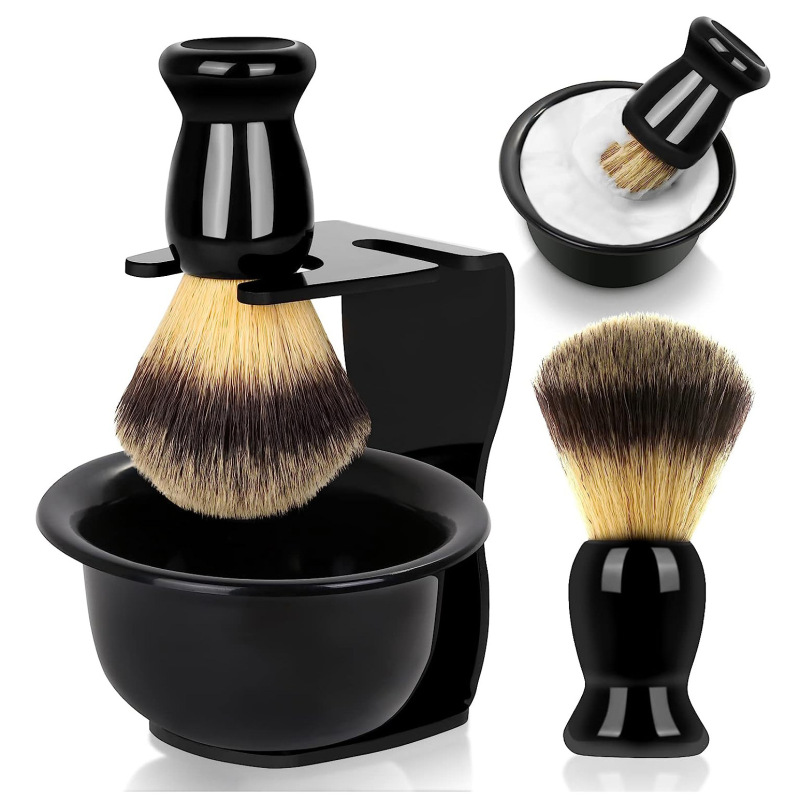Beard Brush Set, Three-Piece Shaving Brush Set, Shaving Soap Bowl, Acrylic Stand, Foaming Brush, Foam Brush, Portable Shaving