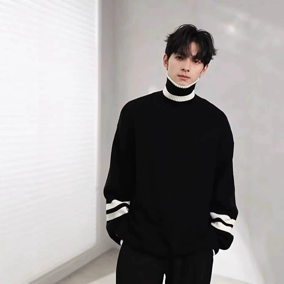 Повседневный высокий воротник свободный осенний и зимний тренд новый легкий роскошный свитер с длинными рукавами для мужчин с отворотом и полосатым трикотажом
