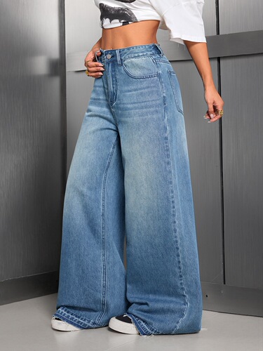 New European and American style simple fashion all-matching high street retro solid color wide-leg jeans for women