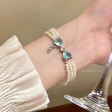 清冷感多层蓝色蝴蝶结珍珠手链小众设计高级感精致风百搭女手饰品